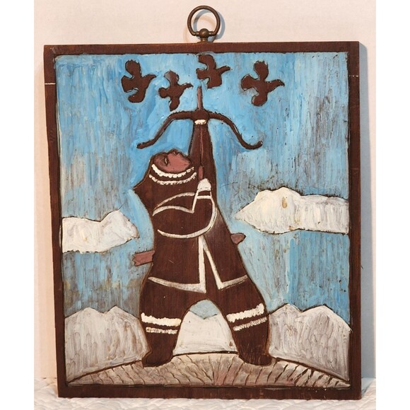 Carved and Painted Wooden Plaque By Richard Carlo - Eskimo Archer
